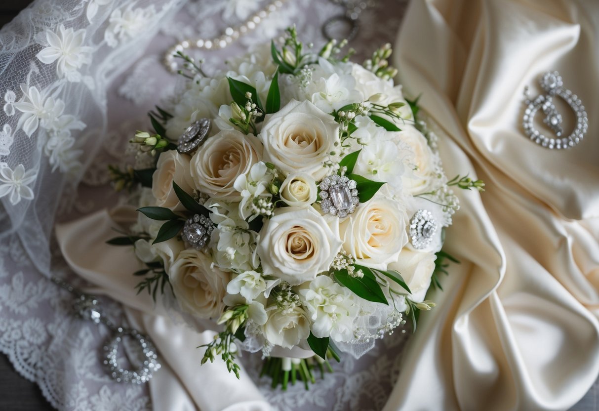 A beautiful bridal bouquet surrounded by delicate lace, sparkling jewelry, and luxurious silk robes