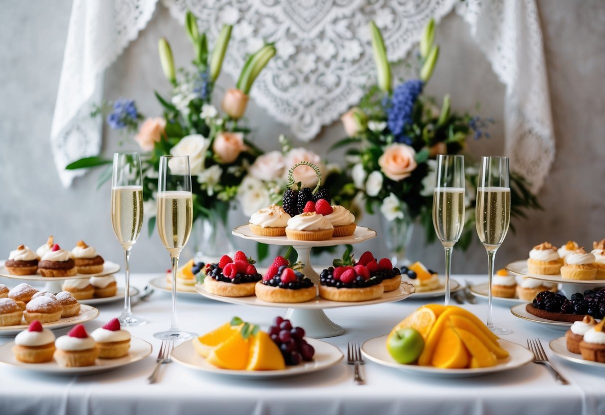 A table adorned with an array of decadent pastries, fresh fruit, and champagne flutes, set against a backdrop of delicate lace and floral arrangements