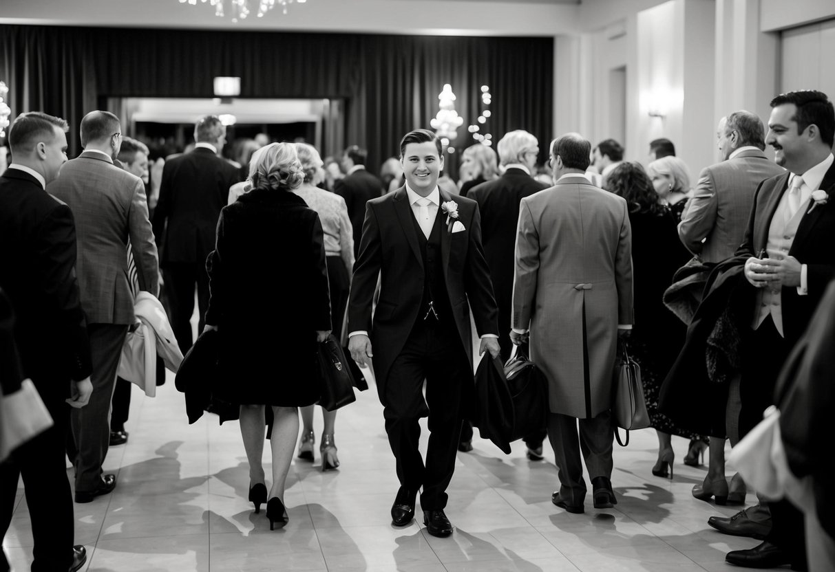 Guests gathering coats, saying goodbyes, and heading towards the exit as the music fades and the festivities wind down at the wedding reception