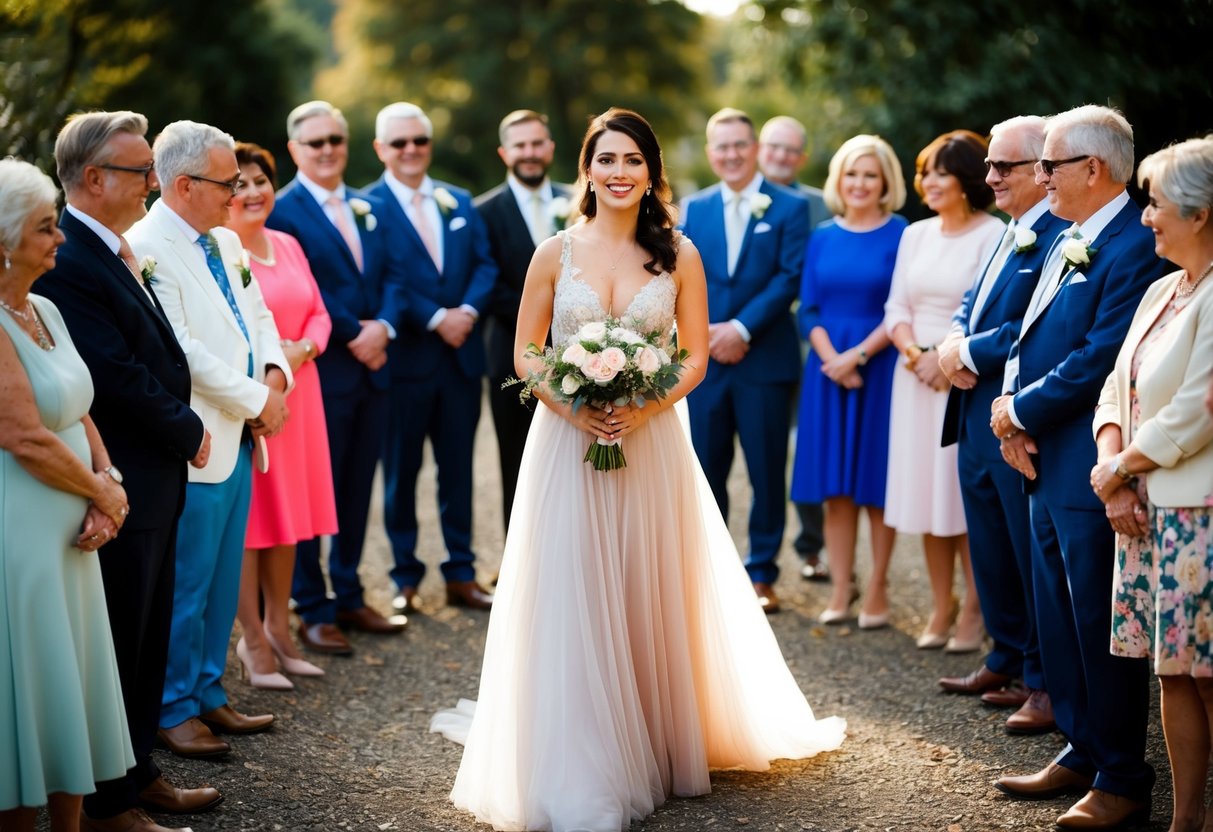 A woman in a flowing gown stands at the center of a circle of admiring guests, holding a bouquet of flowers and smiling radiantly