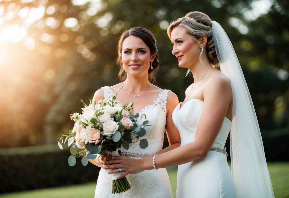A woman standing beside the bride, holding the bride's bouquet and offering support