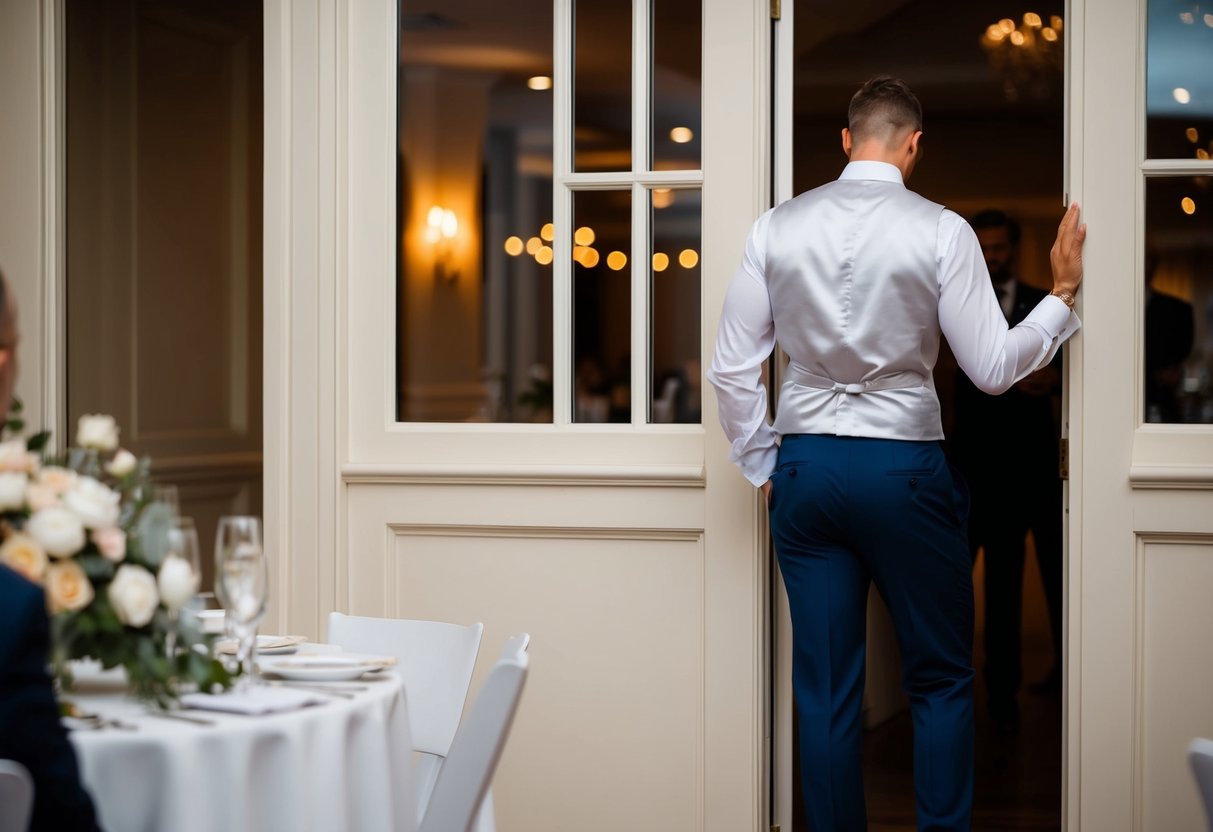 A figure stands at the edge of a wedding reception, glancing at the clock and hesitating before slipping out the door