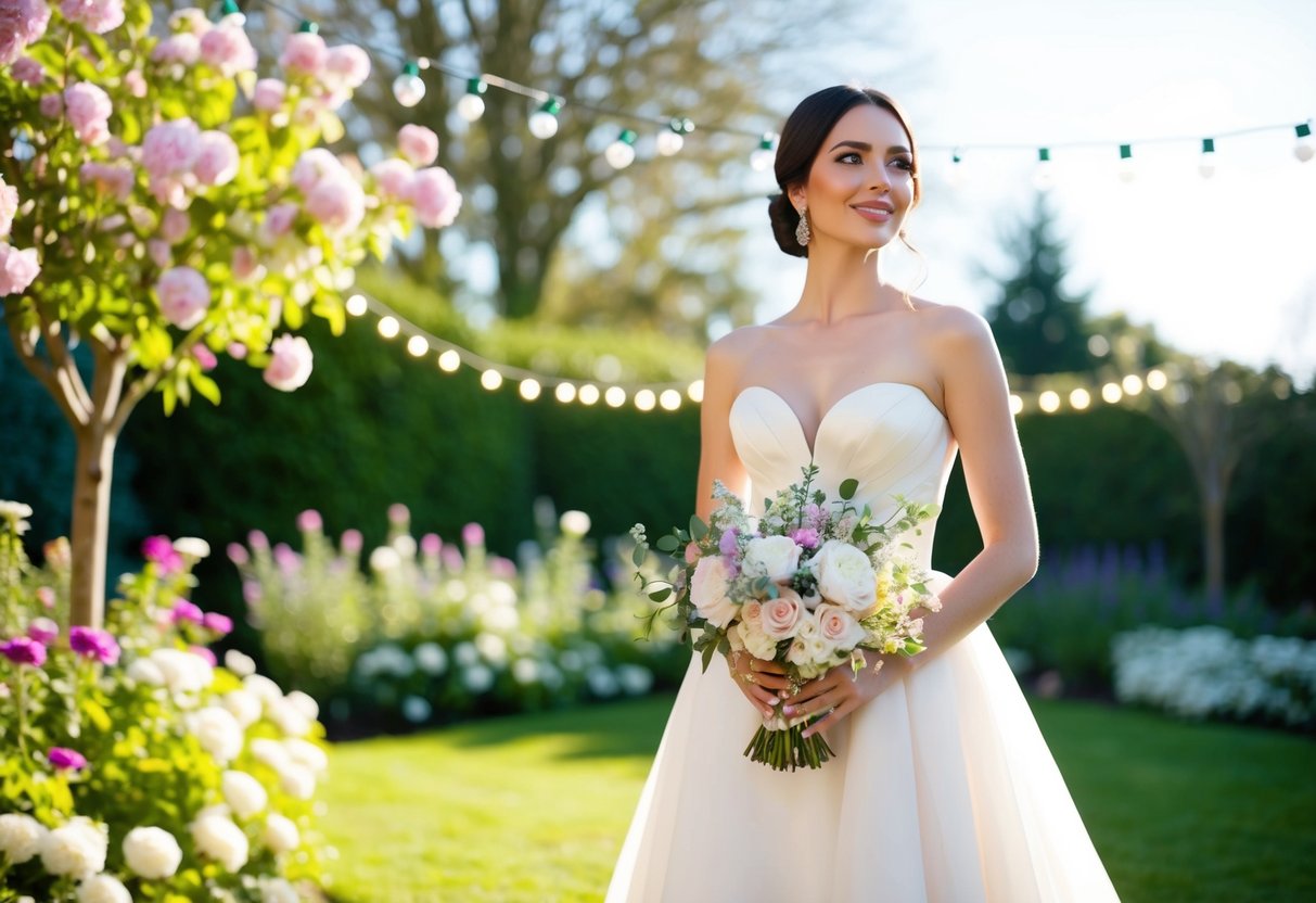 A woman in an elegant gown, holding a bouquet, stands in a sunlit garden filled with blooming flowers and twinkling fairy lights