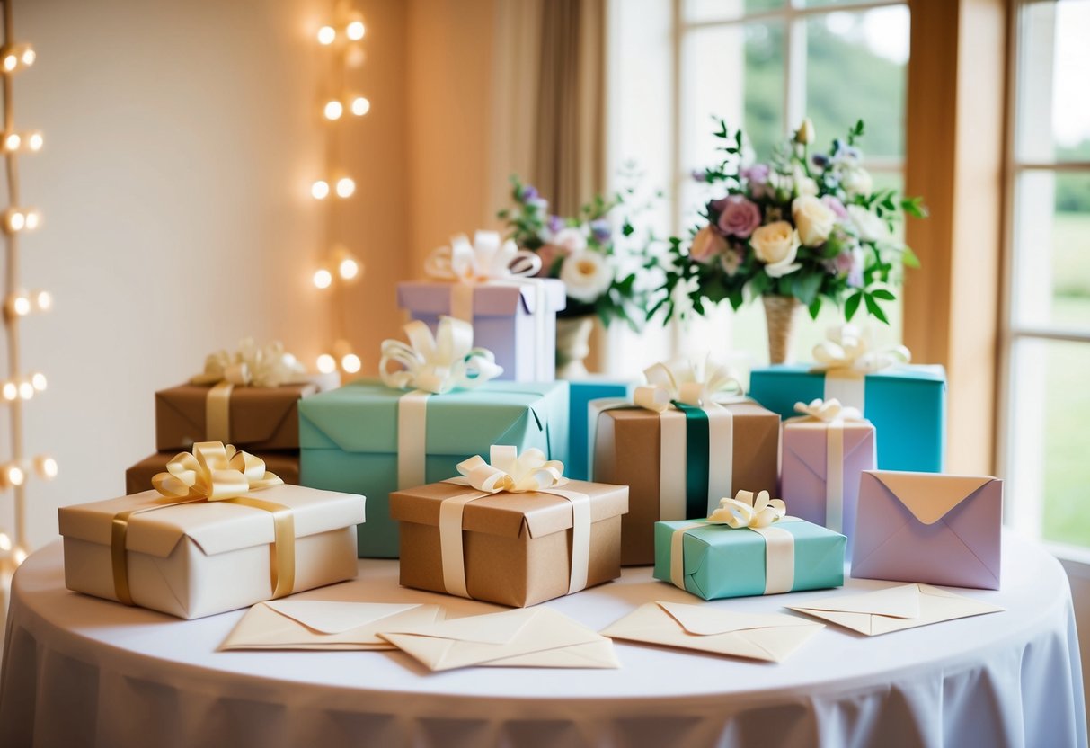 A wedding gift table with a variety of wrapped presents and envelopes, surrounded by floral decorations and soft lighting