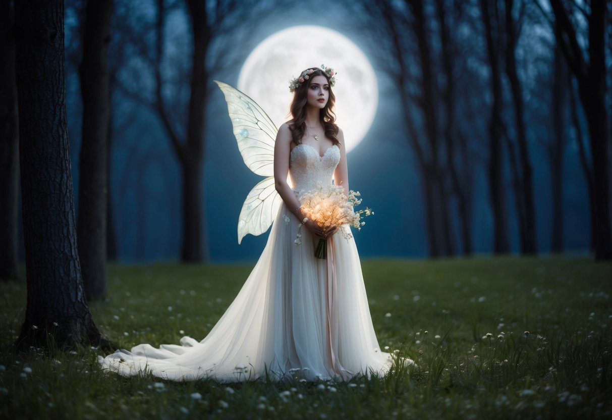 A fairy bride stands in a moonlit forest, wearing a flowing gown and a crown of delicate flowers. She holds a bouquet of glowing, ethereal blossoms