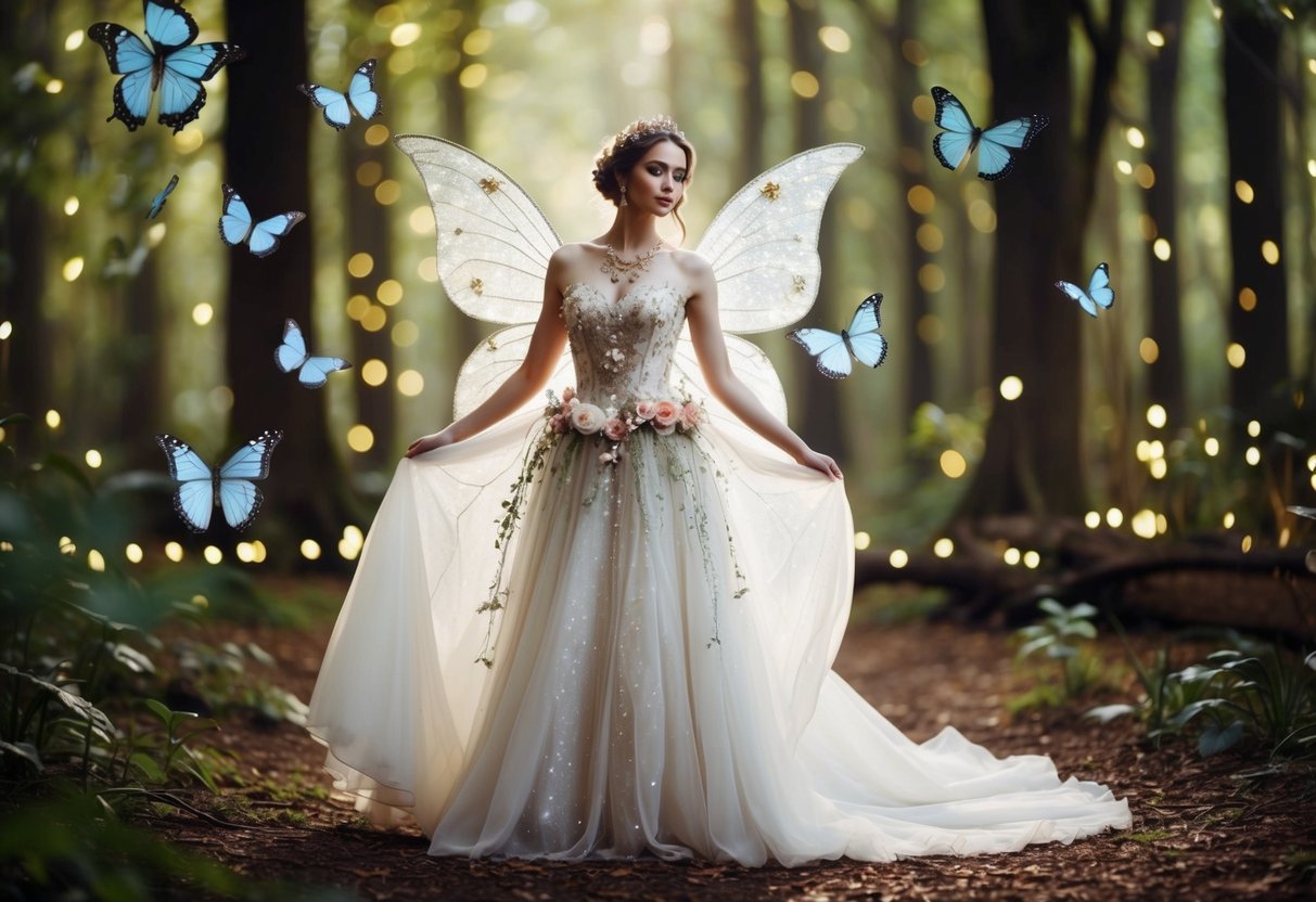 A fairy bride wearing a flowing gown, adorned with delicate flowers and sparkling jewels, stands in a magical forest surrounded by twinkling lights and fluttering butterflies
