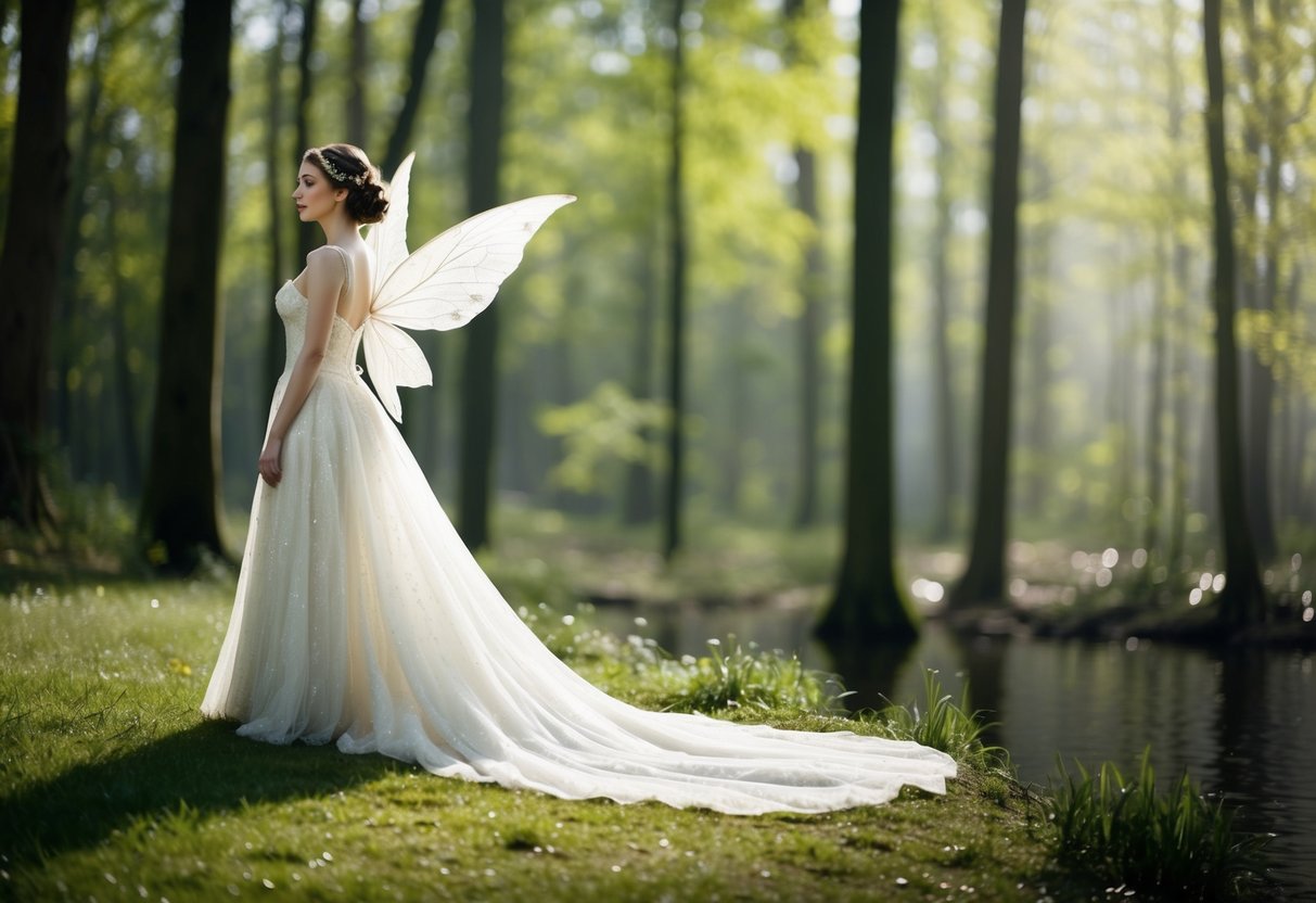 A fairy bride stands at the edge of a shimmering forest, her ethereal gown trailing behind her as she gazes into the mortal world