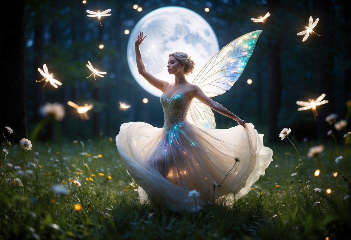A fairy bride dances in a moonlit forest clearing, surrounded by glowing fireflies and delicate flowers. Her ethereal gown shimmers with iridescent hues, and her wings glisten in the soft light