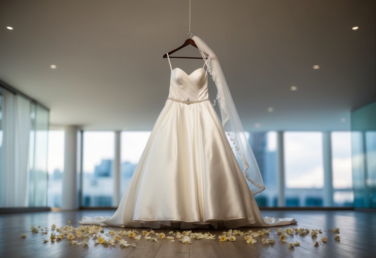 A wedding dress hanging on a hanger with a torn veil and scattered flower petals on the floor