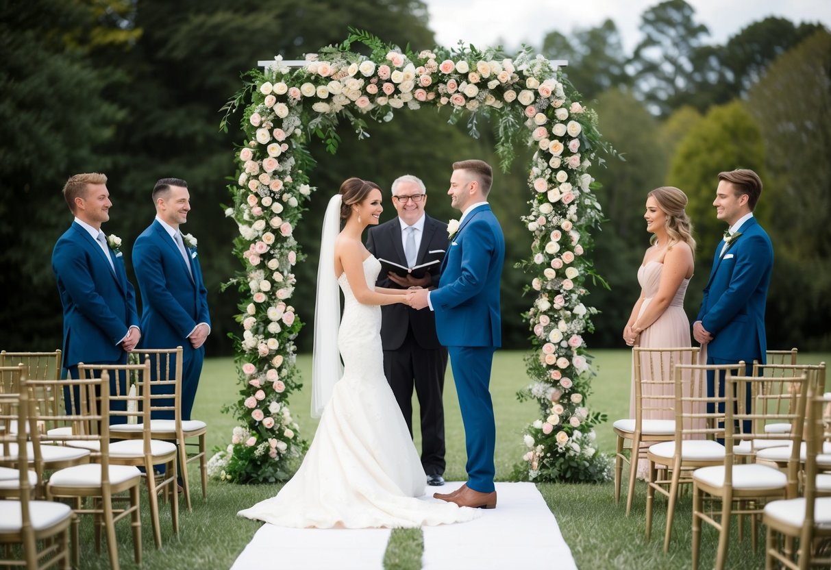 A bride and groom stand with two witnesses each, under a floral arch, surrounded by two rows of chairs