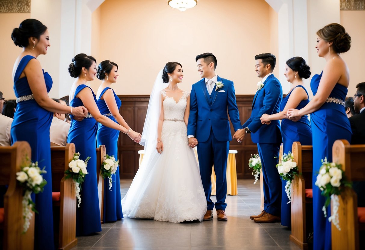 A bride and groom stand together, flanked by two attendants on each side, all holding hands and facing each other in a traditional wedding ceremony