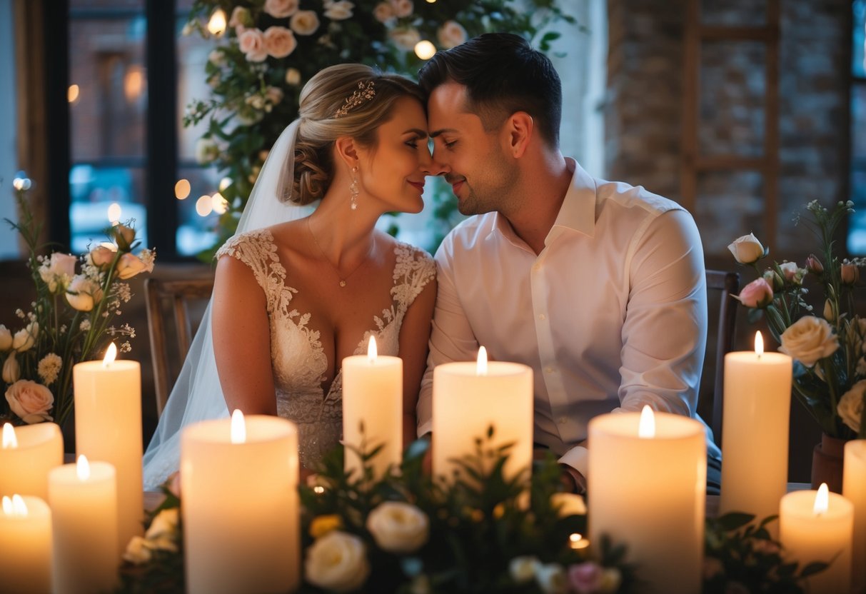 A couple sits close, gazing into each other's eyes, surrounded by soft candlelight and blooming flowers, symbolizing the 2 2 2 rule of deepening intimacy and strengthening bonds at a wedding