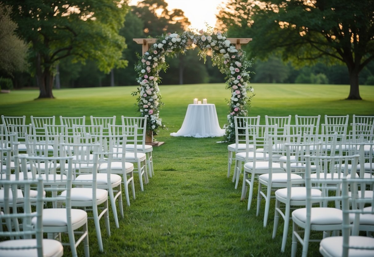 A serene outdoor setting with soft evening light, a floral arch, and rows of empty chairs arranged for a wedding ceremony at 6:30