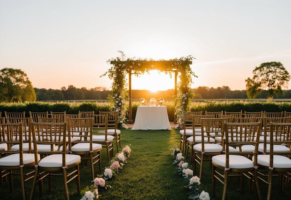 A golden sun setting behind a serene garden venue, casting warm light on rows of chairs facing a floral-adorned altar