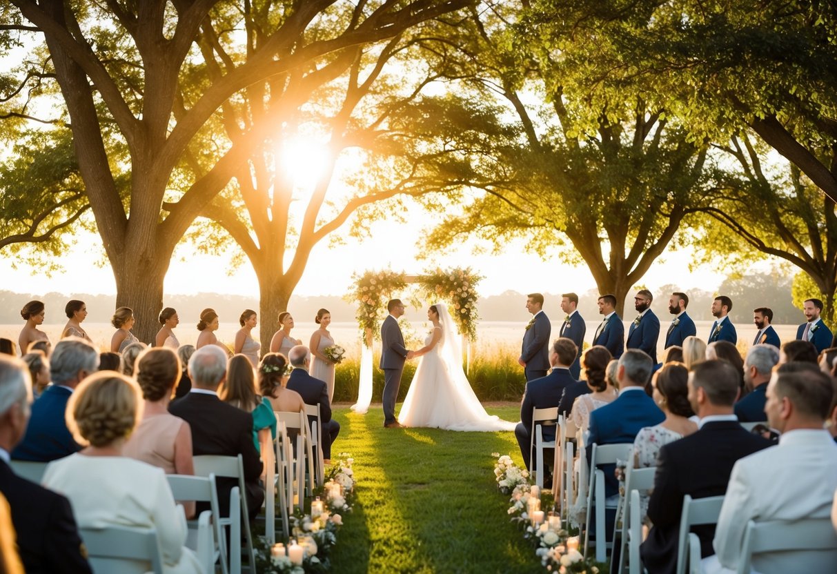 A serene late afternoon wedding ceremony with golden sunlight streaming through the trees, casting a warm glow over the outdoor setting