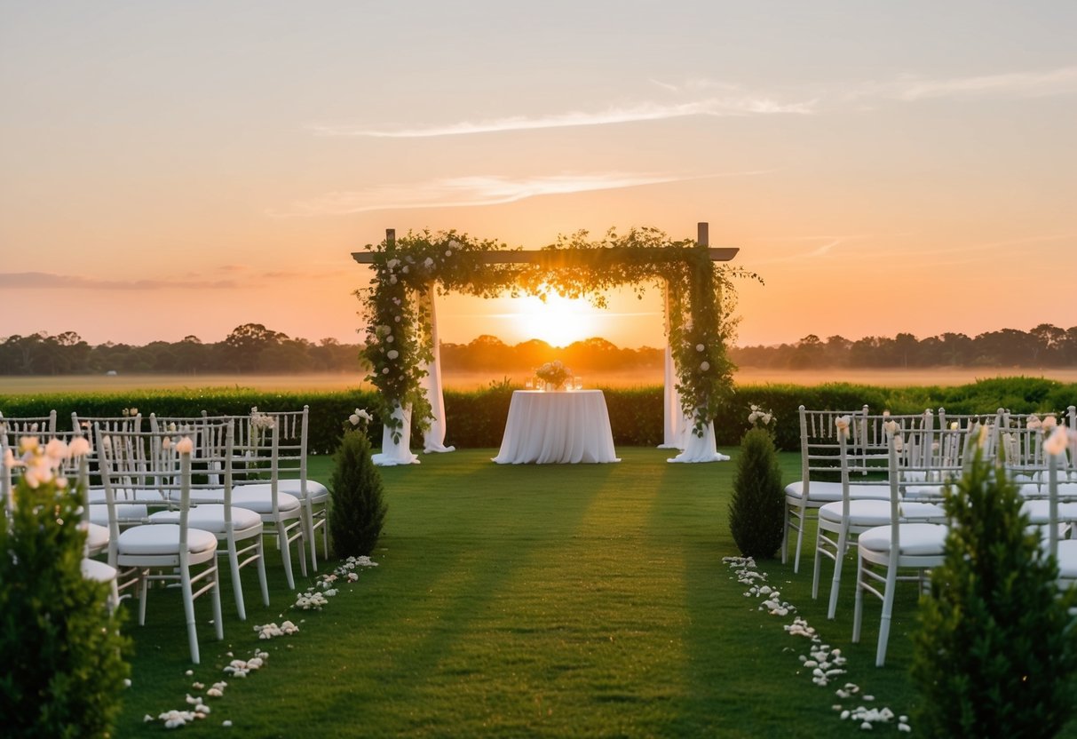 The sun sets behind a serene outdoor wedding venue, casting a warm glow on the lush greenery and elegant decor