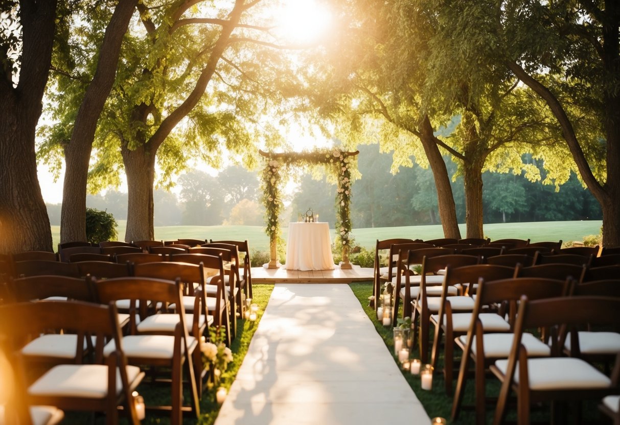 A serene outdoor setting with soft golden light filtering through the trees, casting a warm glow on a charming wedding altar