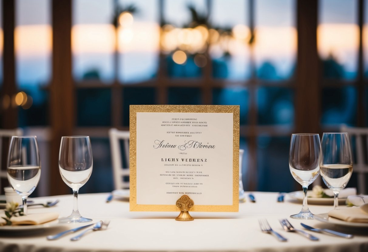A wedding invitation with two empty seats at the table