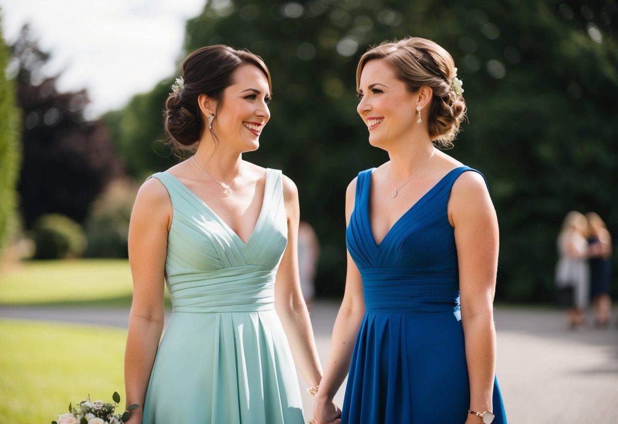 Two women in matching colored dresses stand together, smiling and conversing at a wedding