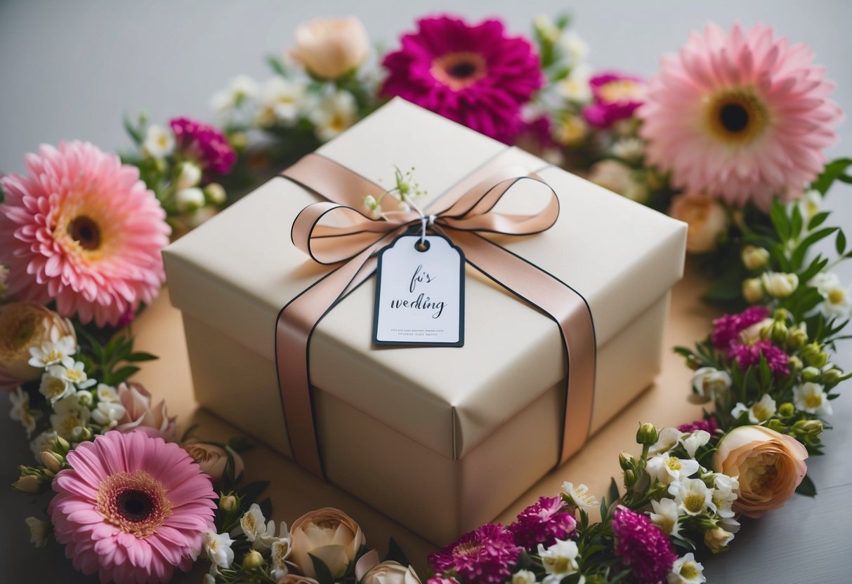 A beautifully wrapped gift box surrounded by flowers and ribbons, with a tag indicating it's for a wedding