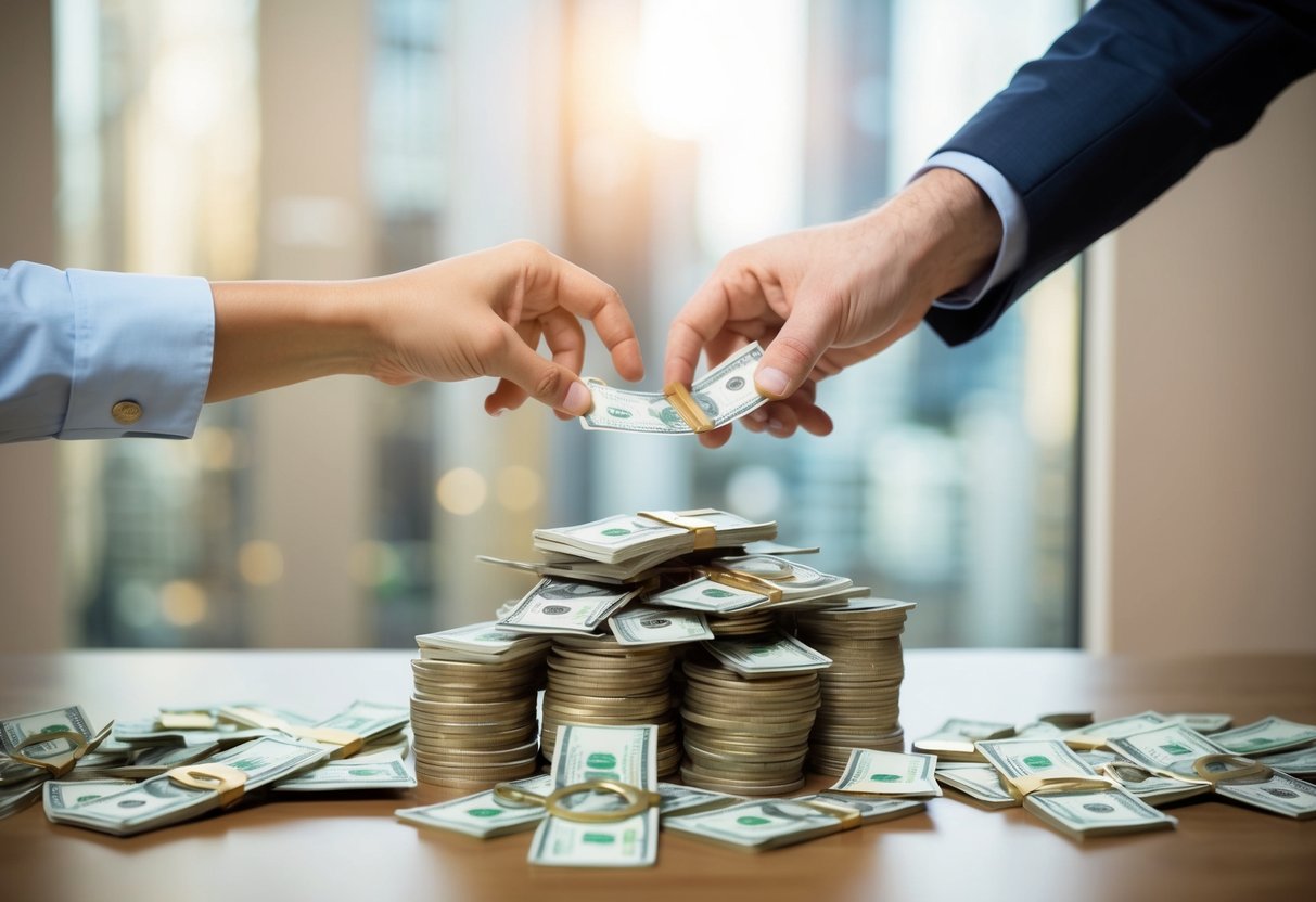 A table with a pile of money and two people on opposite sides, each reaching for the money