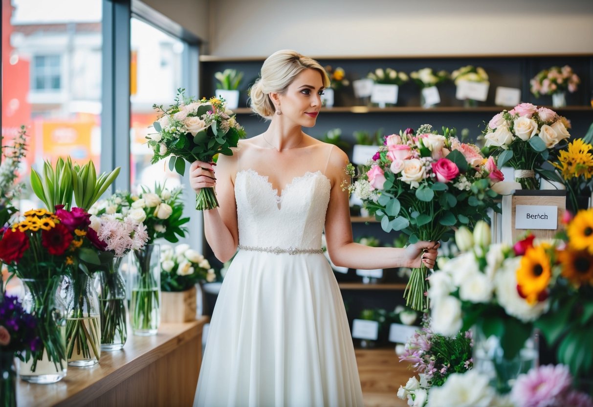 A bride stands in a flower shop, holding a small bouquet in one hand and a larger one in the other, pondering her choice
