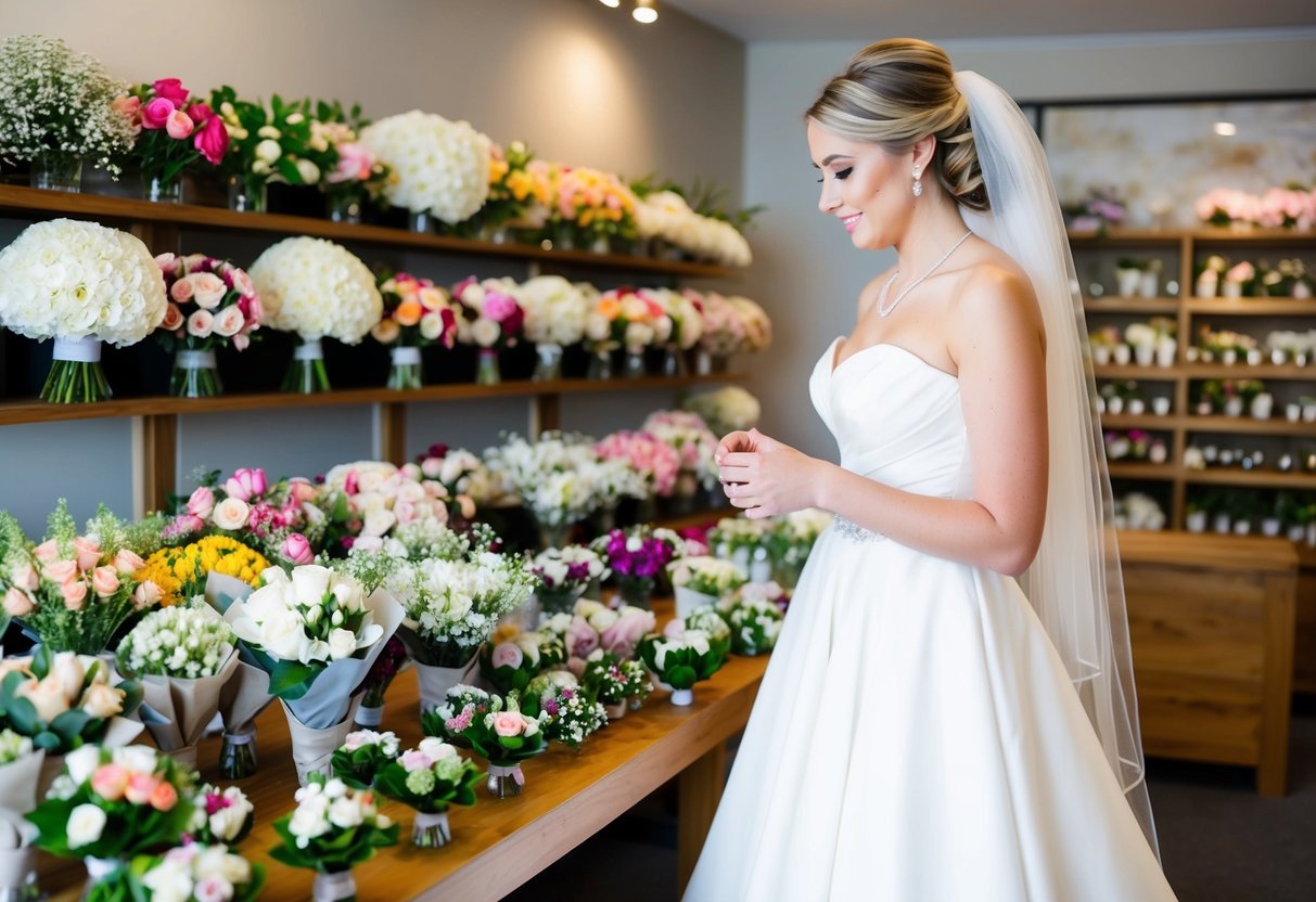 A bride stands in a flower shop, choosing from a variety of small bouquets and arrangements displayed on a table