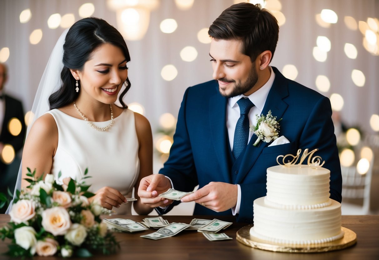 A couple divides money for wedding elements: flowers, cake, and venue