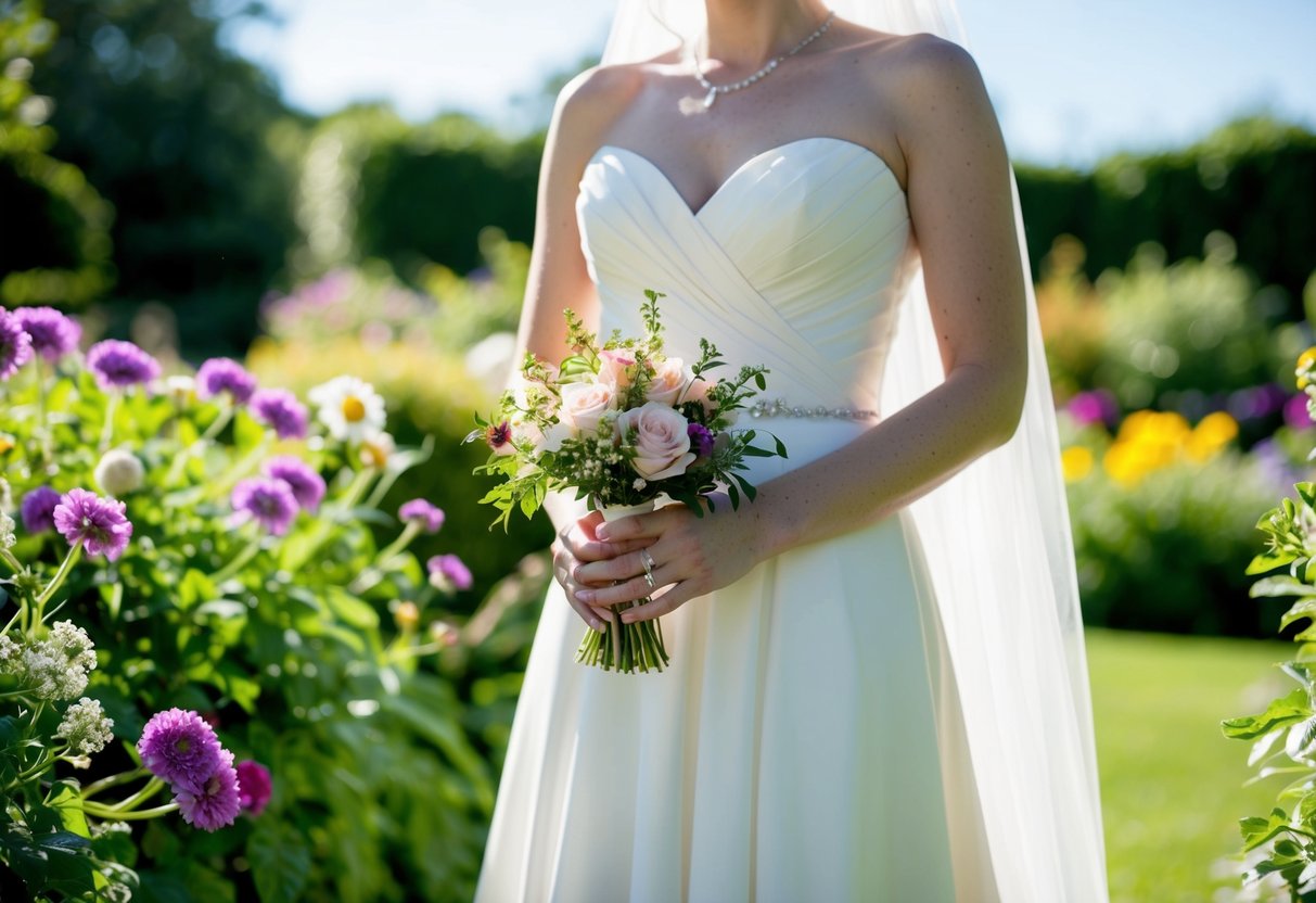 A bride with a small bouquet stands in a sunlit garden, surrounded by vibrant flowers and greenery. Her personal style is reflected in the delicate, hand-tied arrangement, which complements the overall theme of the wedding