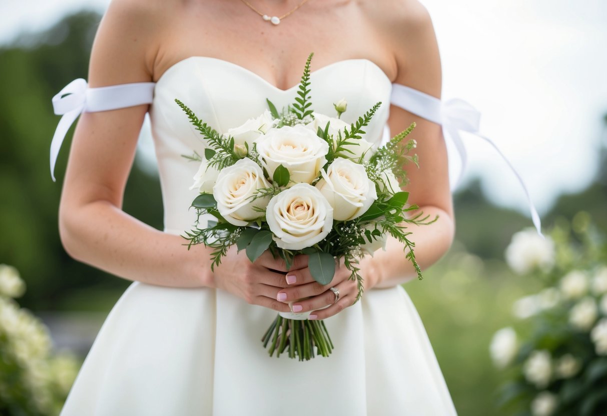 A bride holds a small, elegant bouquet of white roses and greenery, with a few delicate ribbon accents