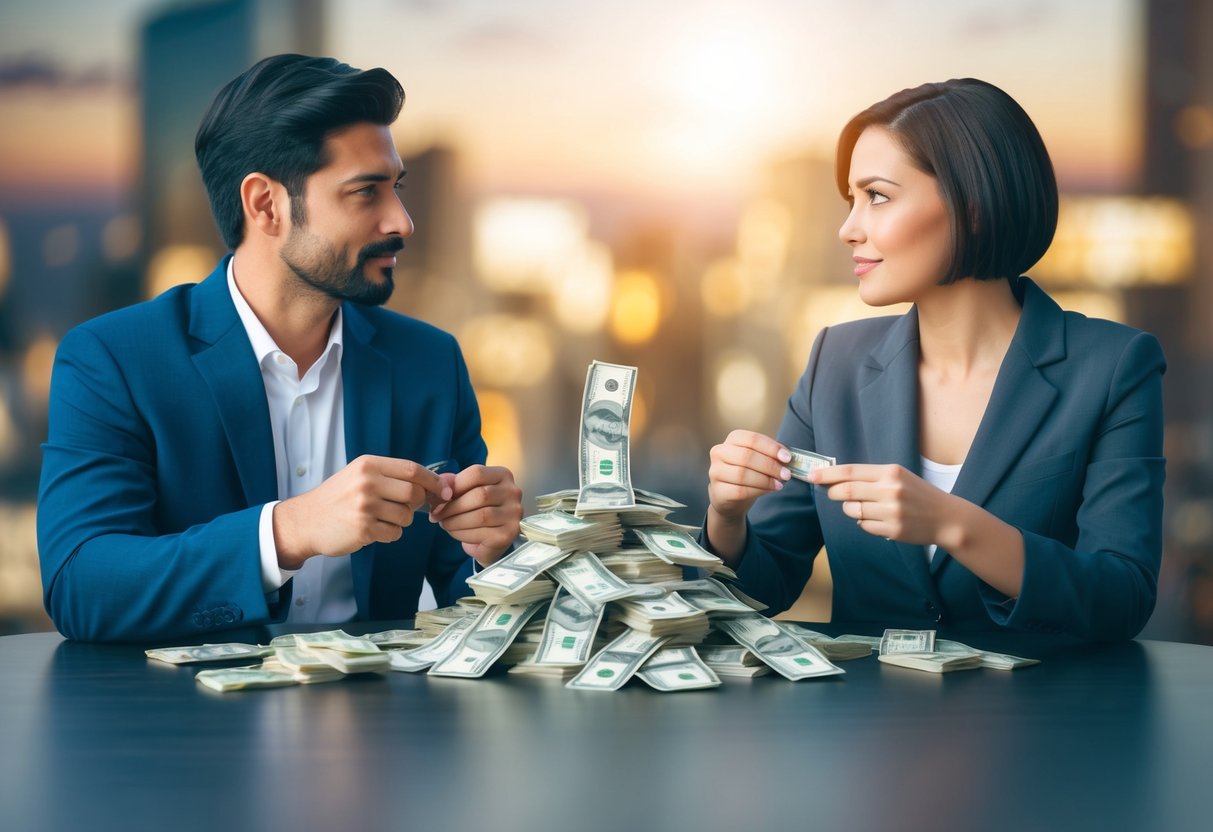 A couple sits at a table with a pile of money, each holding a portion and looking at each other with uncertainty