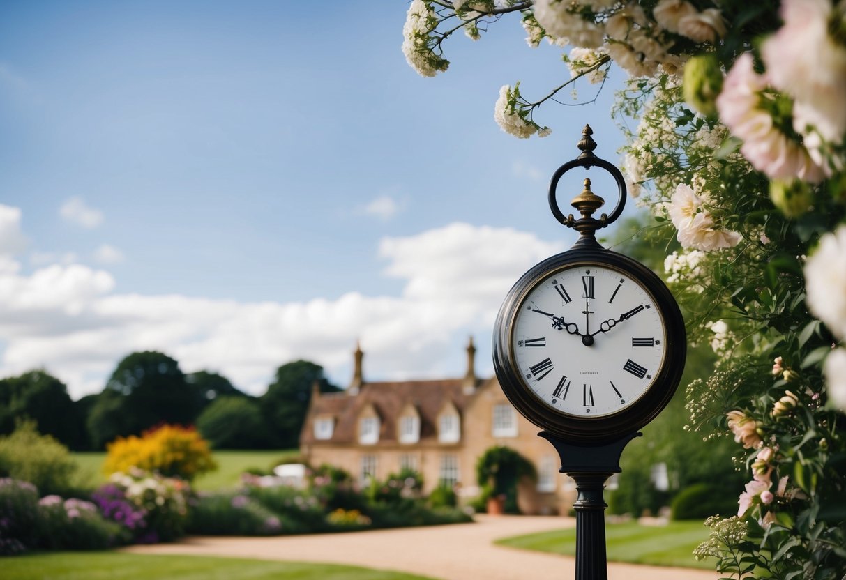 An elegant clock set against a backdrop of a classic British countryside wedding venue, with blooming flowers and a clear blue sky