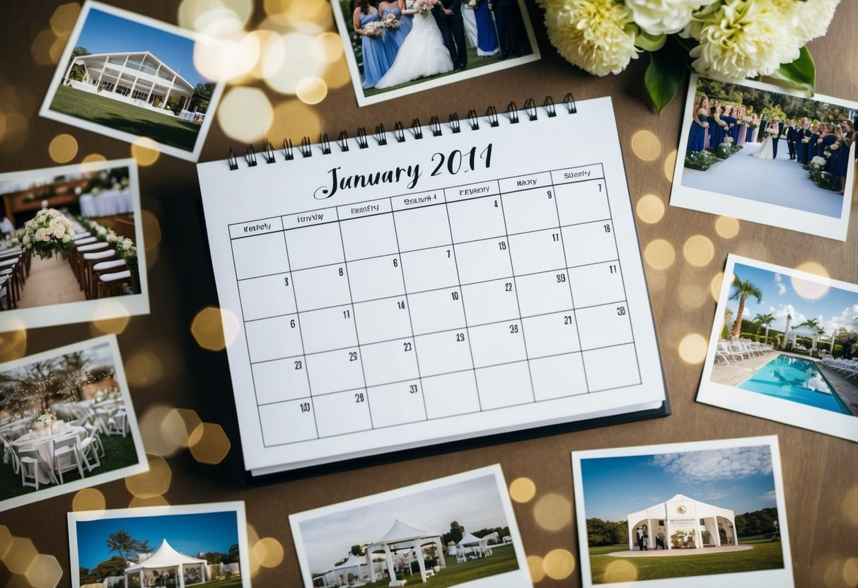 A calendar with wedding-related events marked, surrounded by images of venues, flowers, and decorations