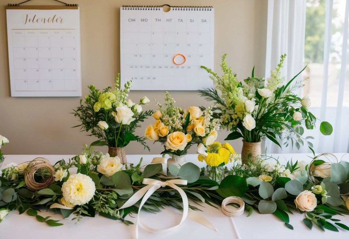 A table with various flowers and greenery, floral wire, and ribbon. A calendar on the wall with the wedding date circled