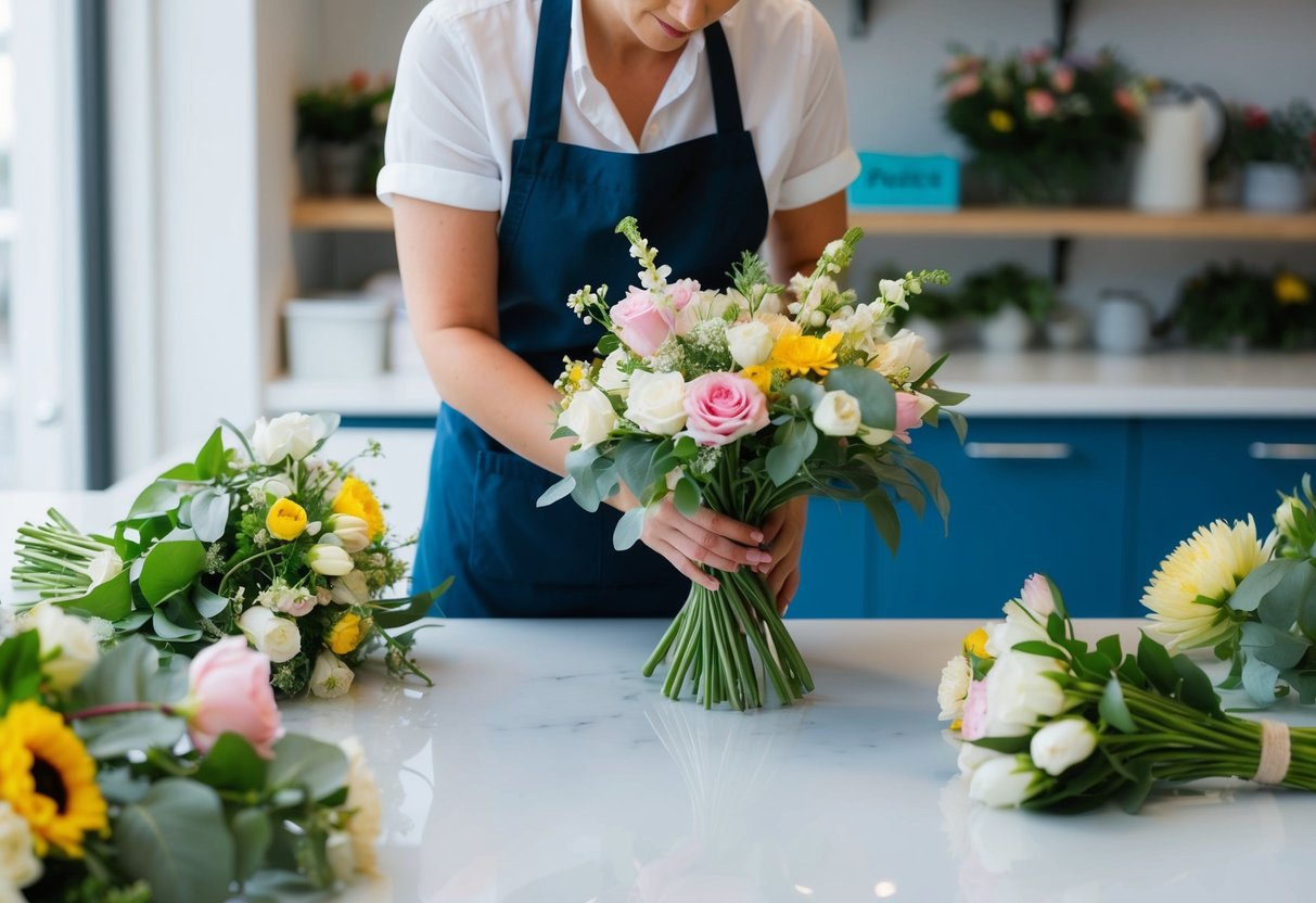 A florist carefully arranges fresh flowers on a clean work surface, selecting the perfect blooms for a wedding bouquet