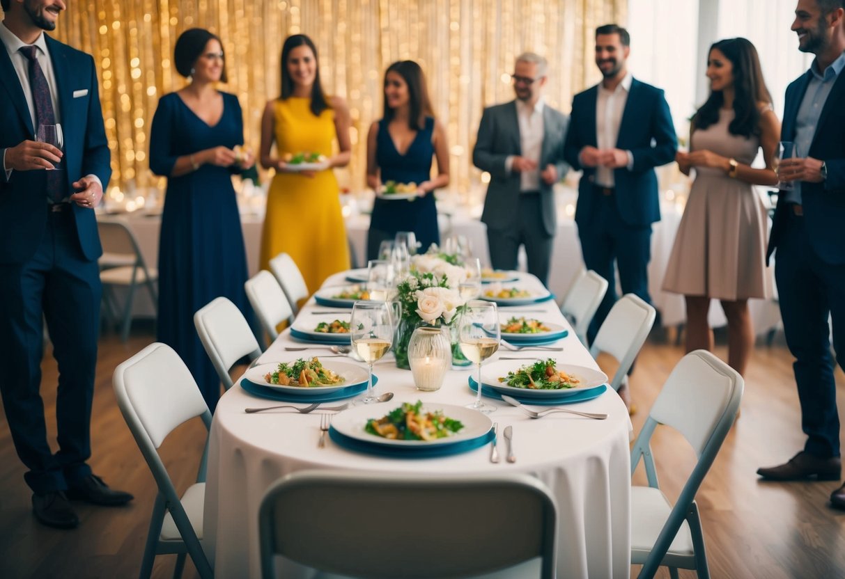 A table set for a party with empty seats and untouched food, while guests stand around awkwardly
