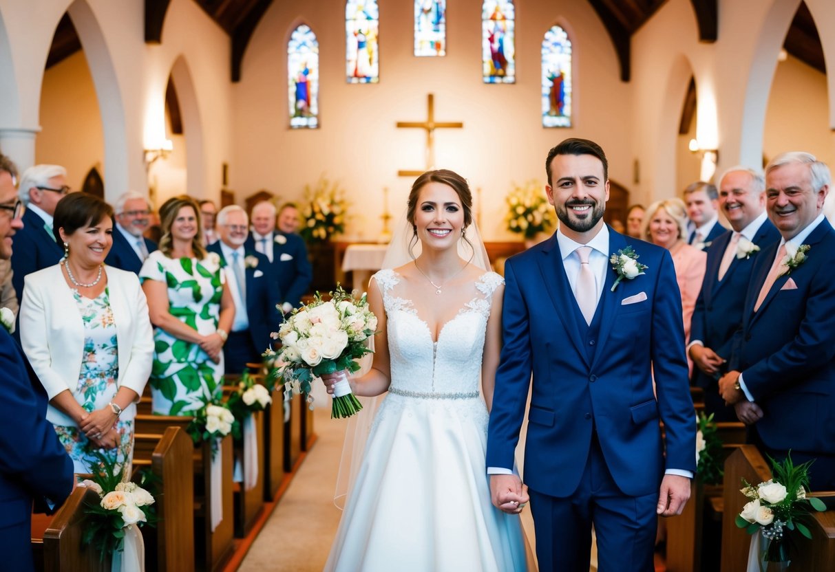 A bride and groom stand at the front of a church, surrounded by guests in formal attire. The atmosphere is joyful and celebratory