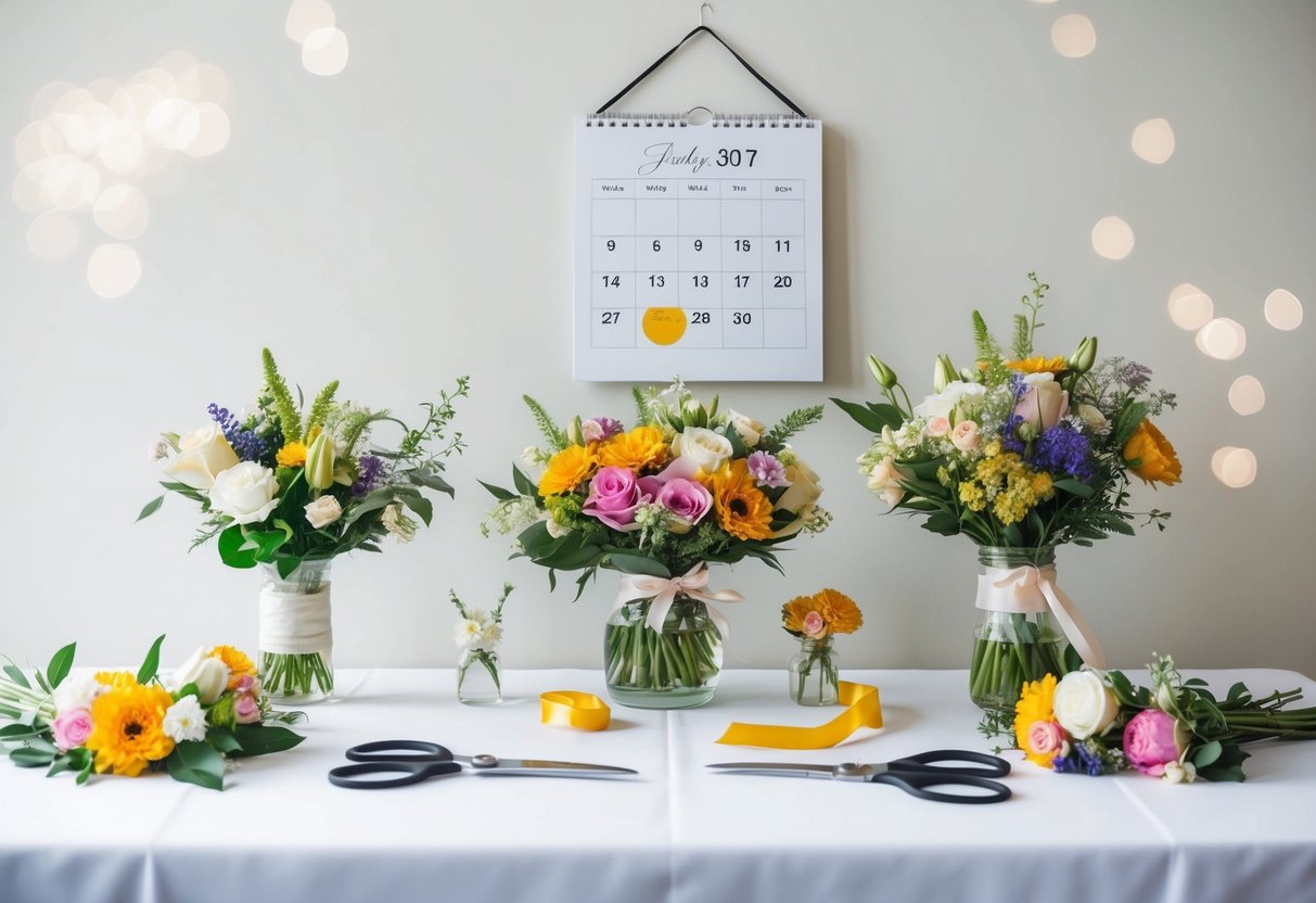 A table with various flowers, scissors, and ribbon. A calendar with the wedding date circled hangs on the wall