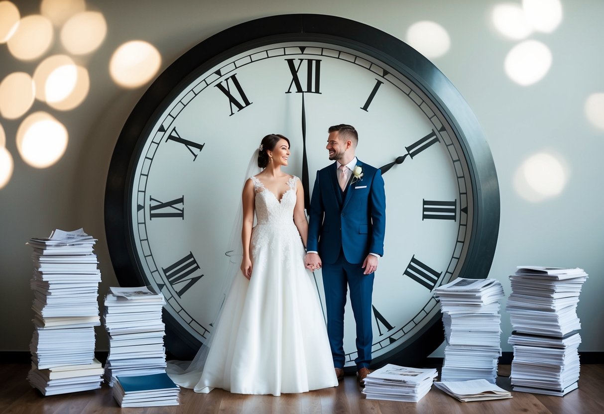 A bride and groom standing in front of a large clock, surrounded by stacks of budget spreadsheets and wedding trend magazines