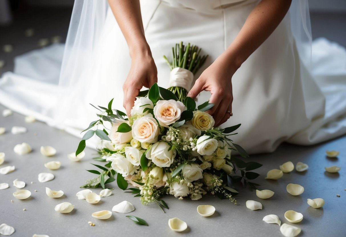 A pair of delicate hands carefully arranging fresh flowers into a bridal bouquet, surrounded by scattered petals and a soft, romantic ambiance
