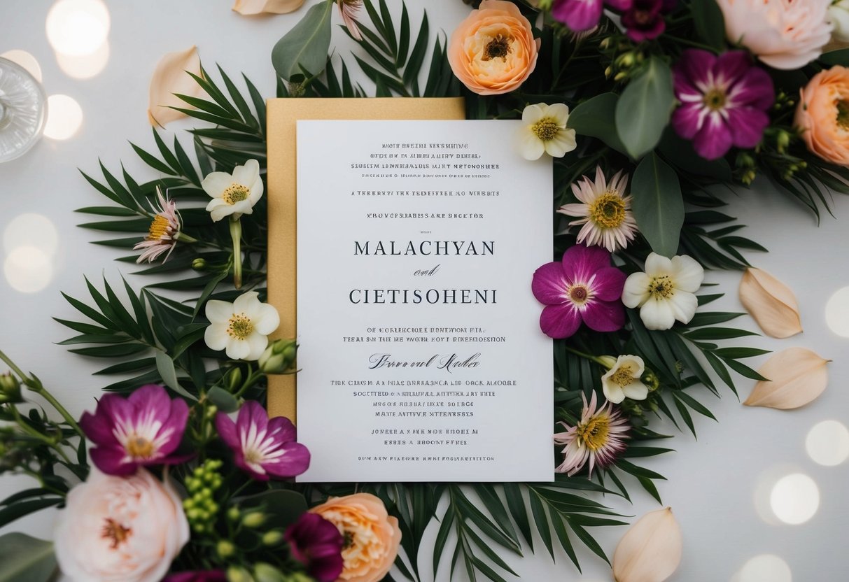 A wedding invitation with two names on it, surrounded by flowers and decorative elements