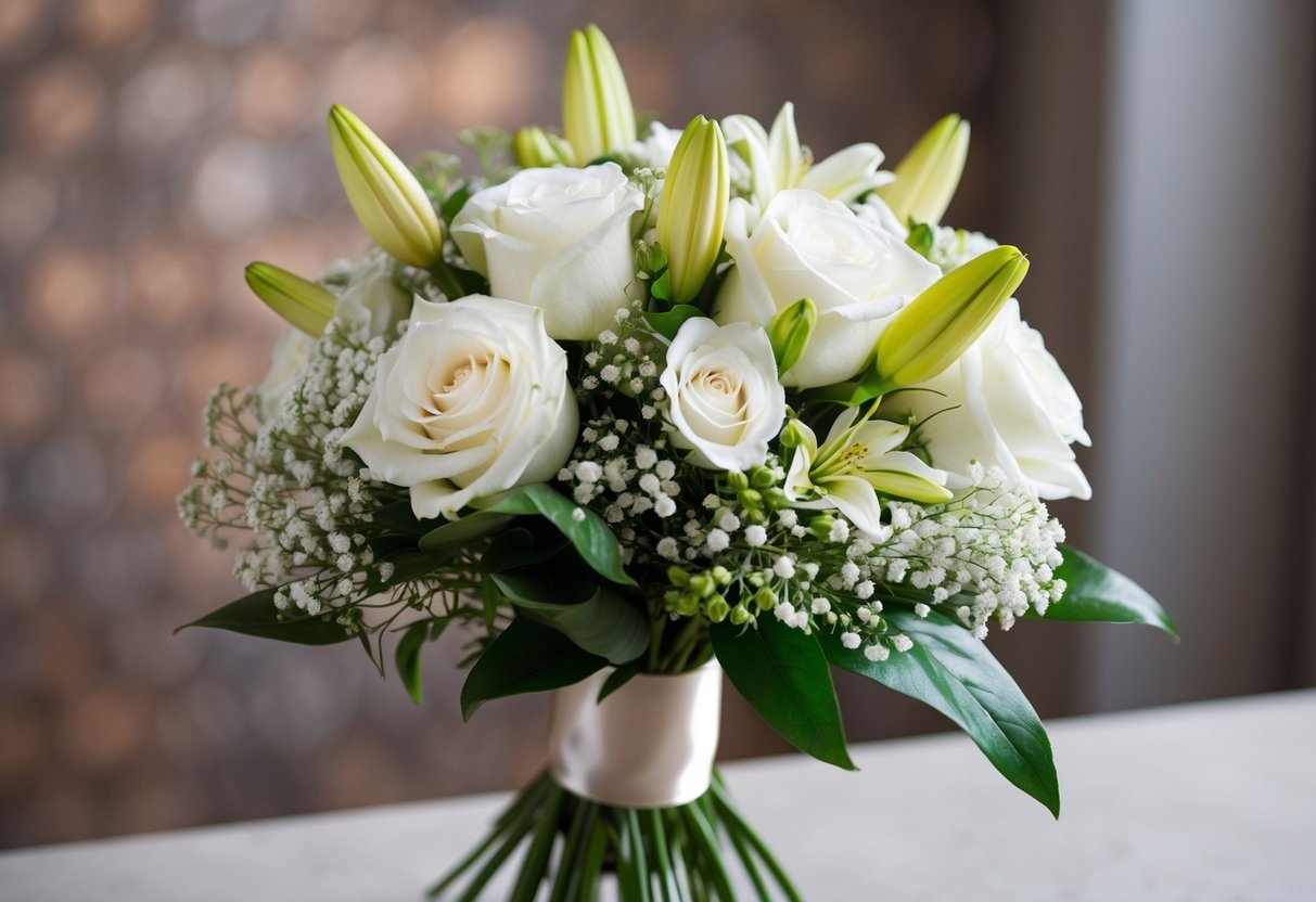 A bouquet of white roses, lilies, and baby's breath tied with satin ribbon