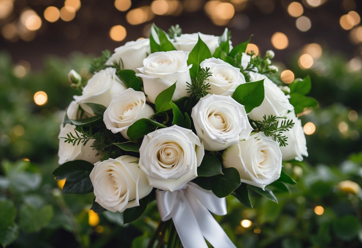 A classic round bouquet of white roses and greenery, tied with a satin ribbon