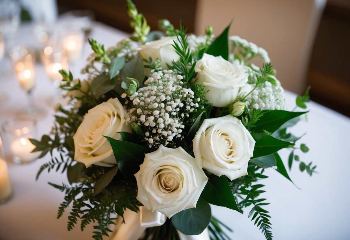 A traditional bridal bouquet featuring white roses, baby's breath, and greenery, tied with a satin ribbon