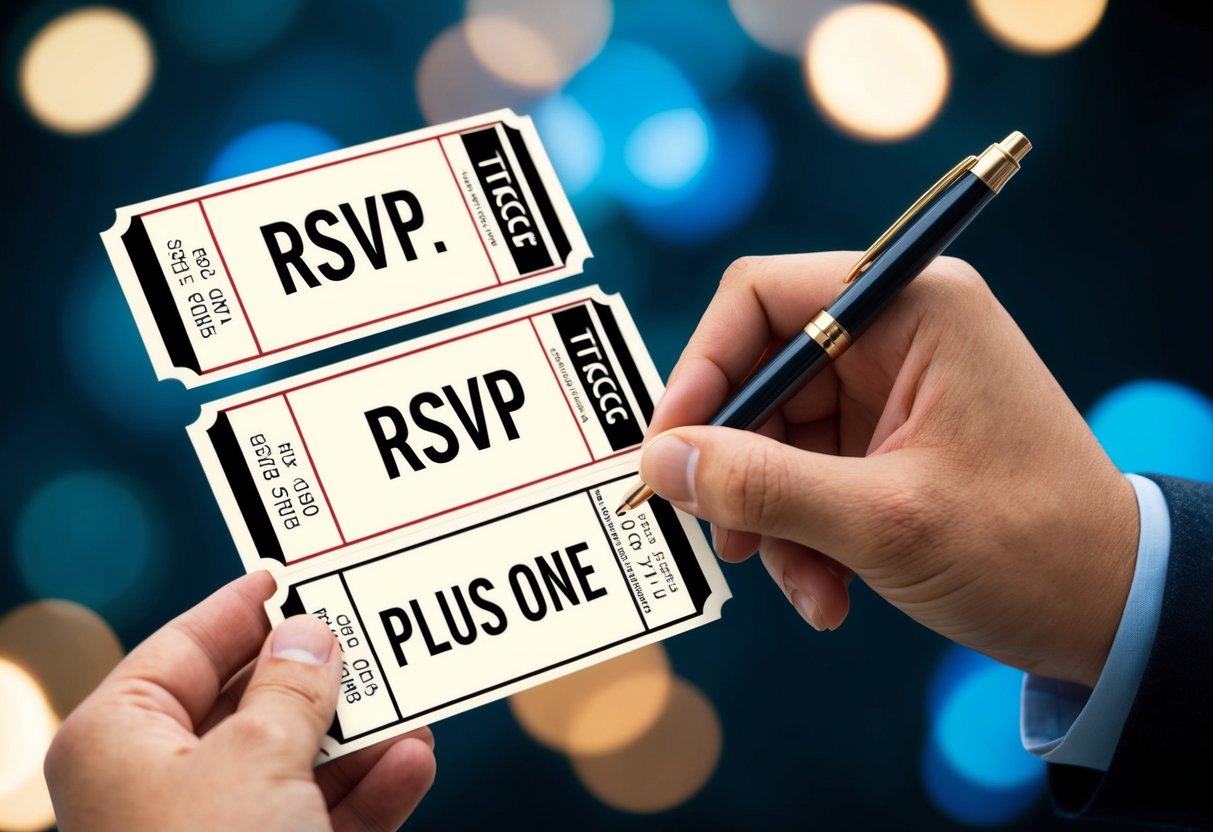 A hand holding two tickets, one labeled "RSVP" and the other "plus one," with a pen hovering over a blank space to write in names