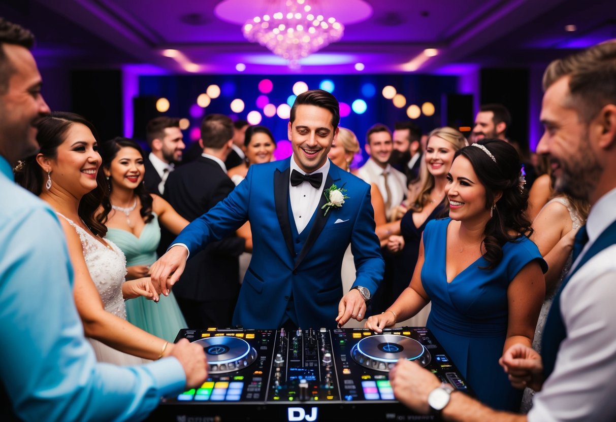 A wedding DJ surrounded by dancing guests, with colorful lights and a festive atmosphere