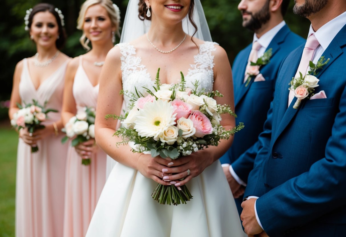 A bride holds a bouquet of white and pink flowers, while guests wear corsages and boutonnieres with various floral arrangements