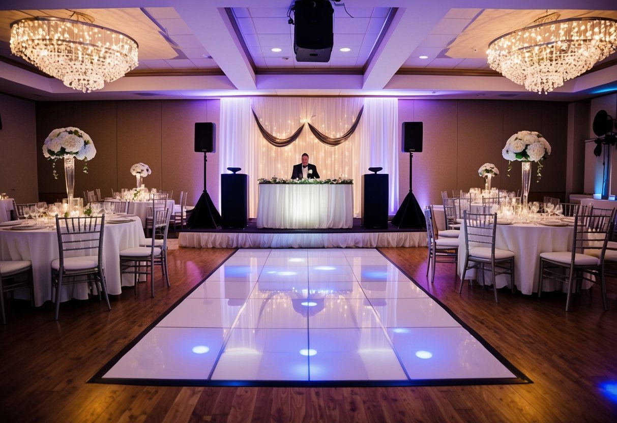 A wedding reception with a DJ booth and dance floor, surrounded by tables and chairs. Decorations and lighting create a festive atmosphere