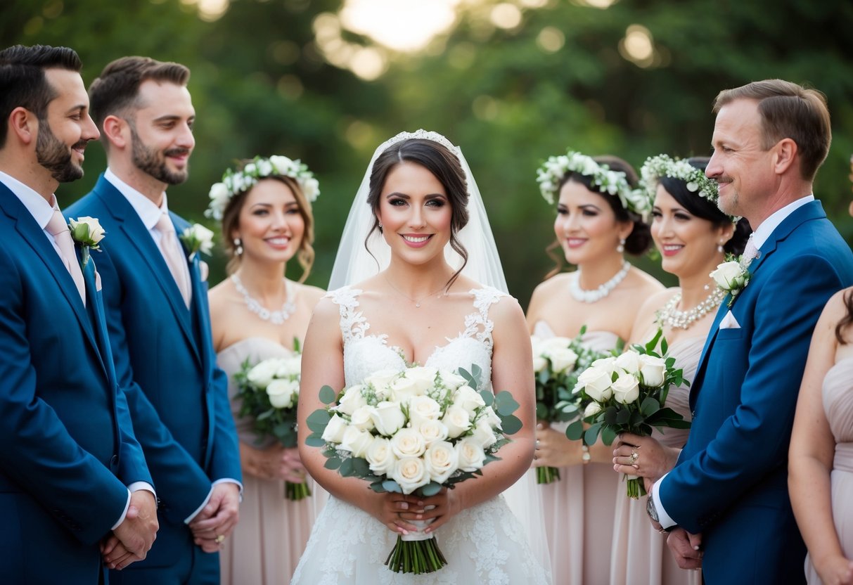 A bride holds a bouquet of white roses, while groomsmen wear boutonnieres. Bridesmaids wear floral headpieces, and guests sport corsages
