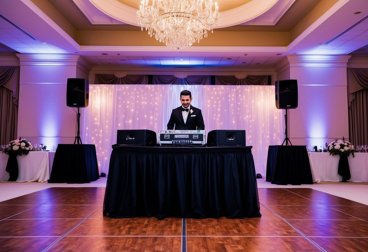 A wedding reception with a DJ booth, dance floor, and elegant decor